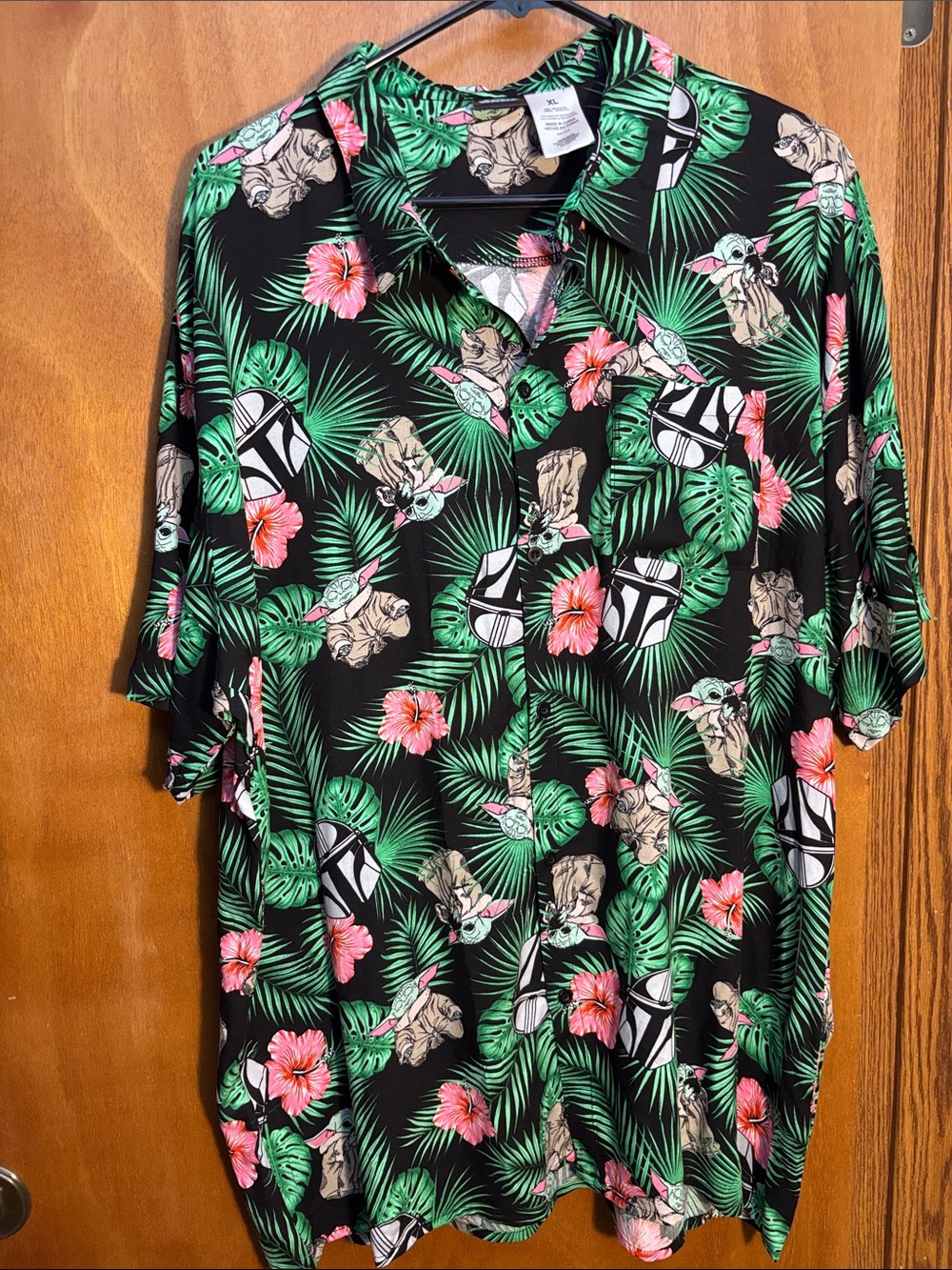 Black Tropical Print Short-Sleeve Shirt with Green Palm Leaves and Pink Flowers